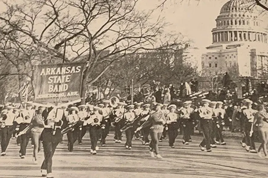 A historic photo of the band performing