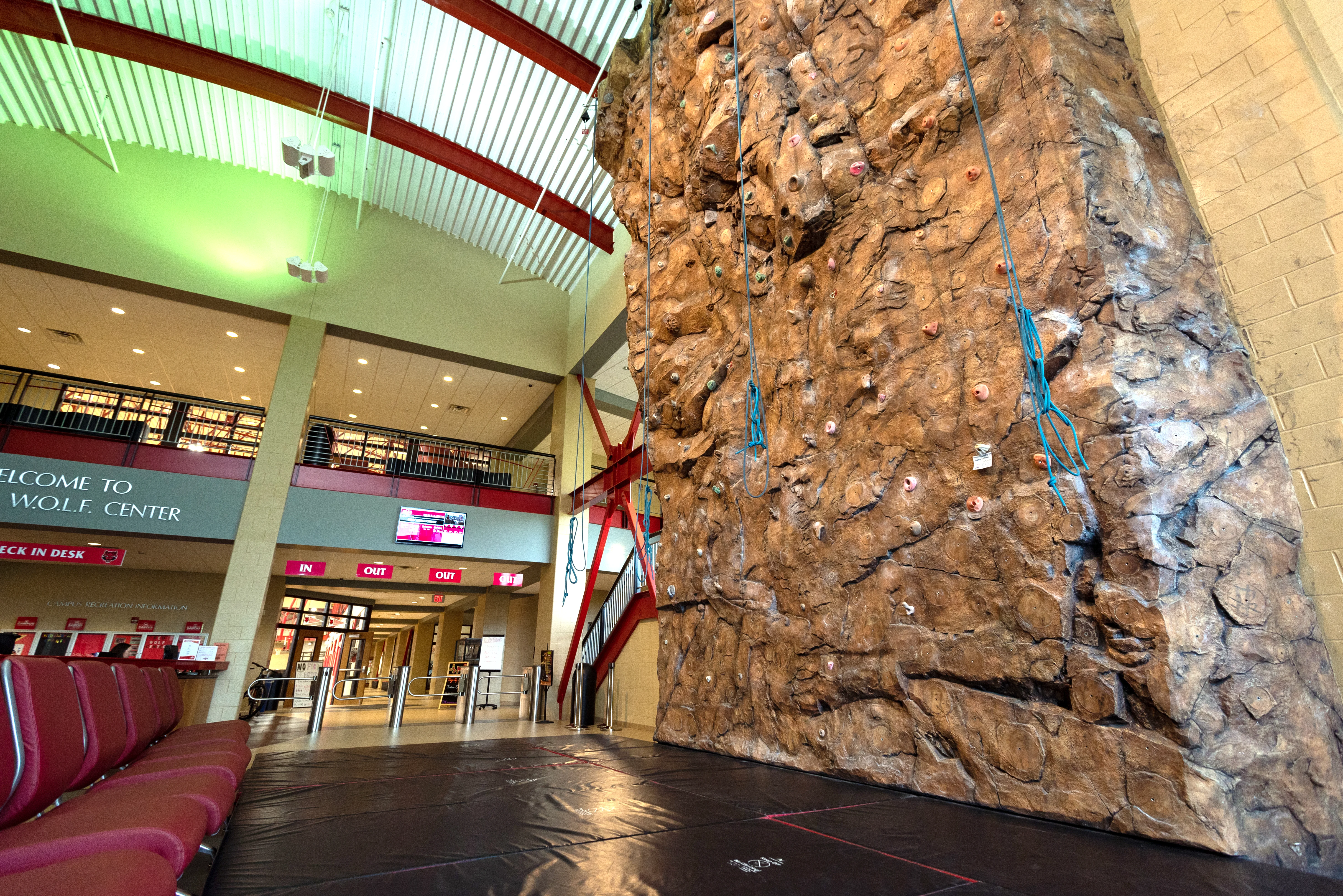 The climbing wall in the Red W.O.L.F. Center lobby.