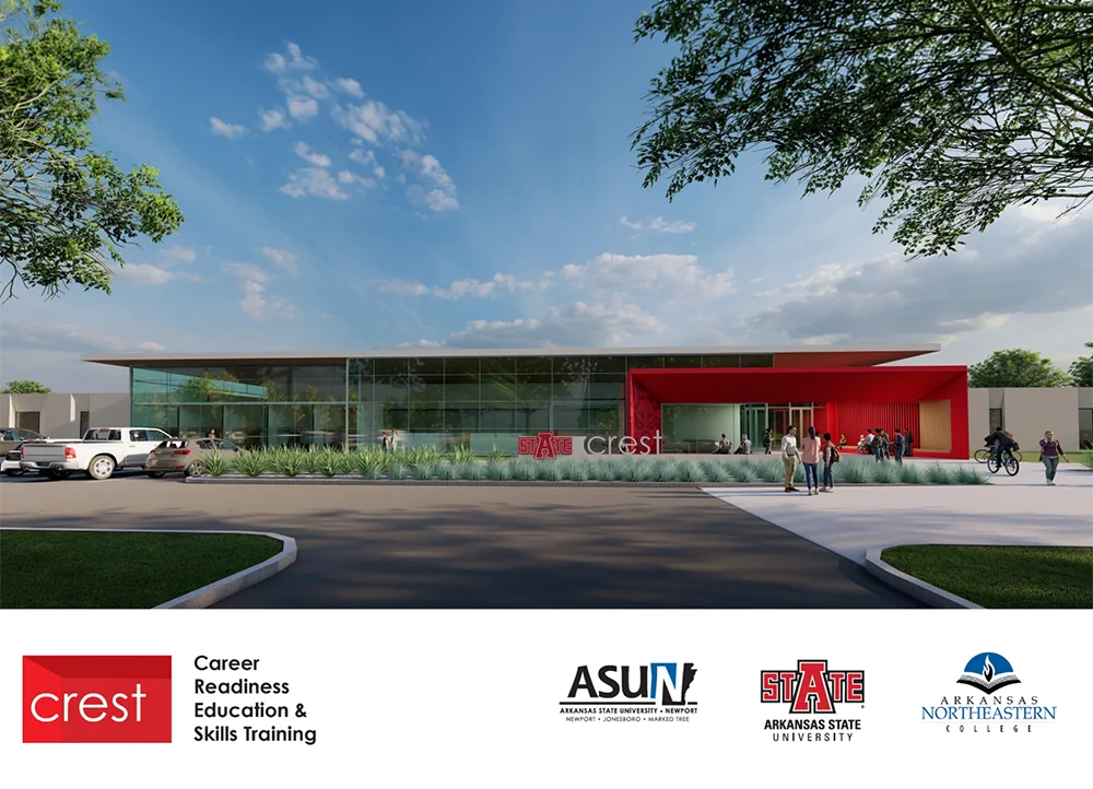 A 3D rendered image of the CREST building.