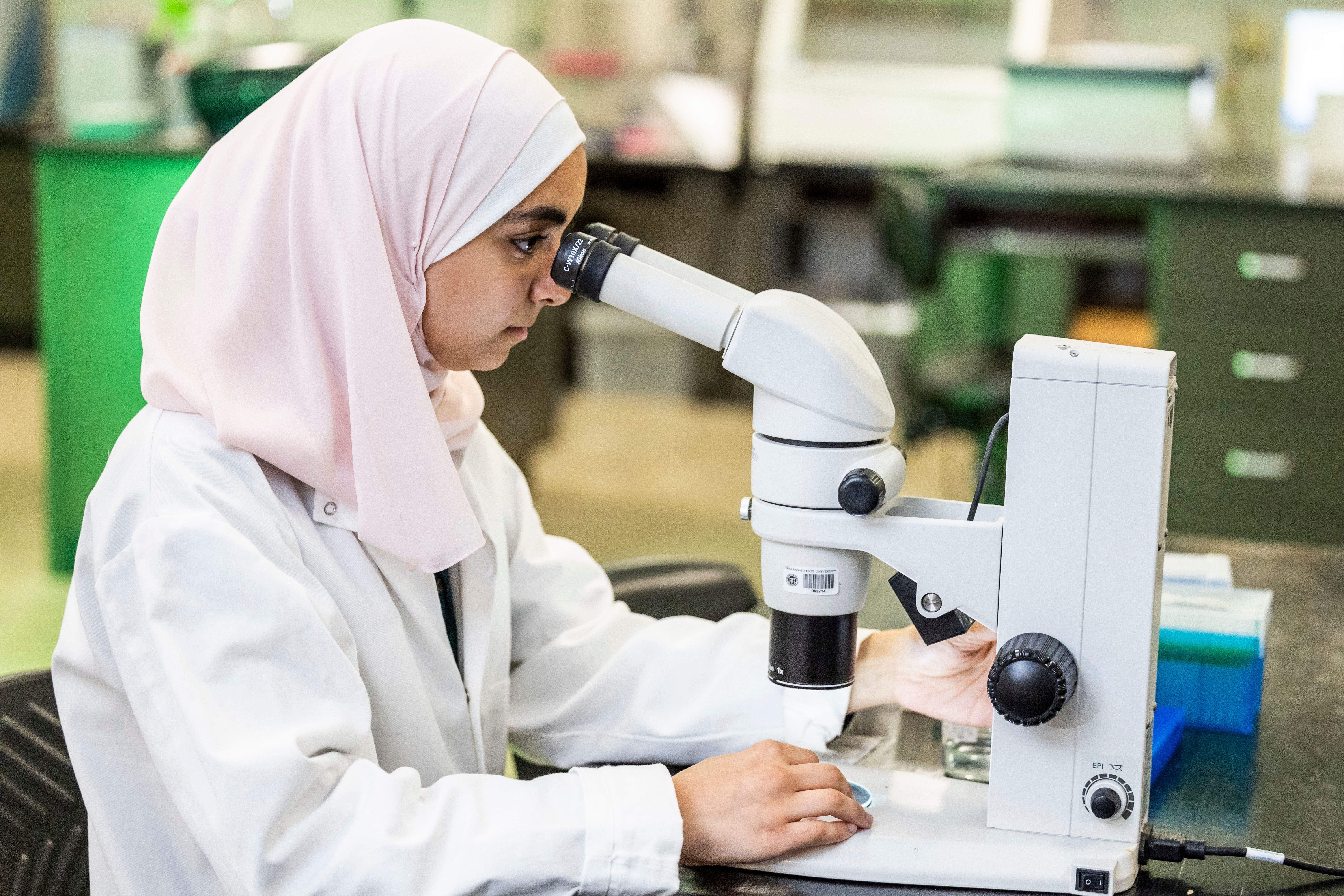 A hijabi student using a microscope.