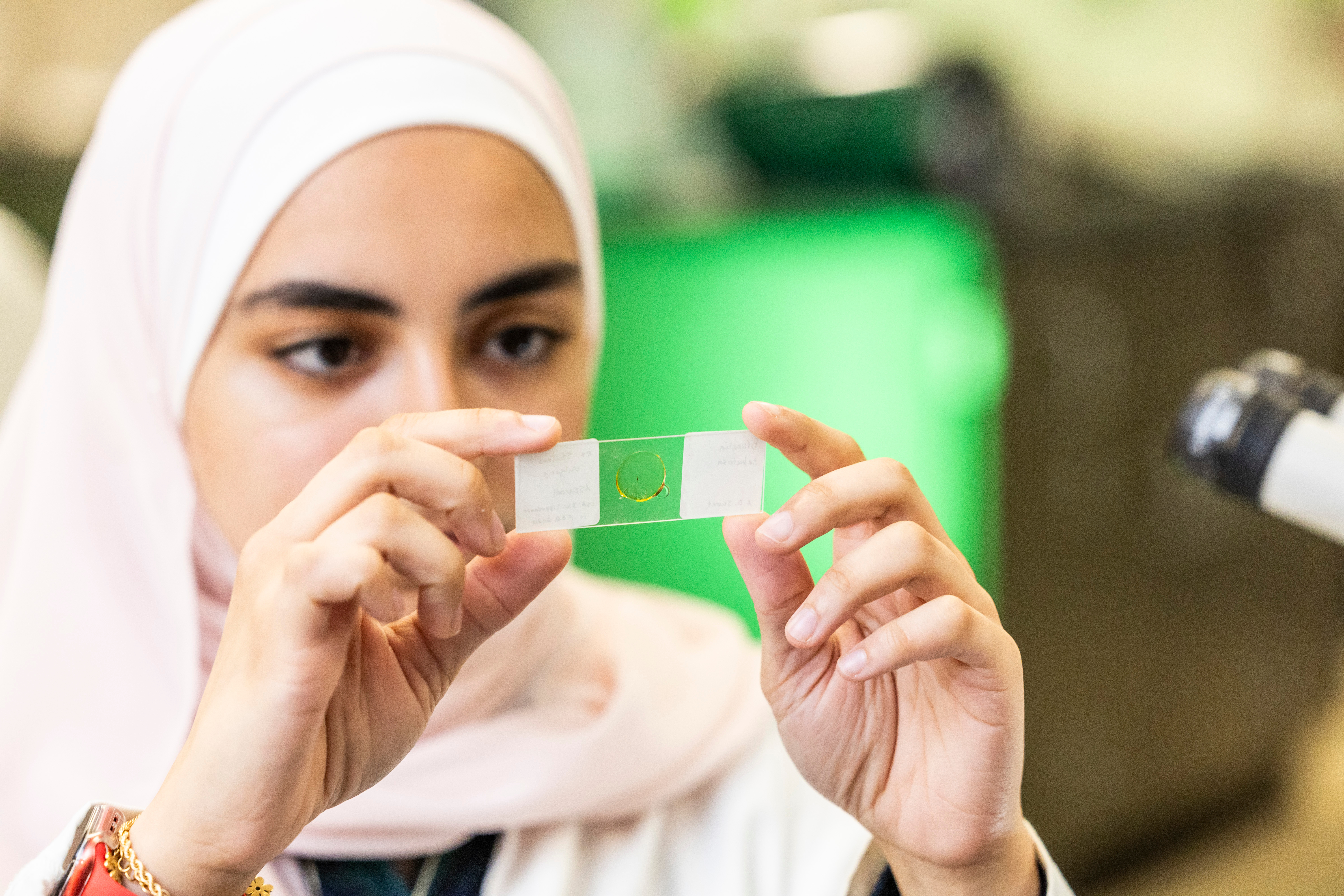 A hijabi student holding up a microscope slide to inspect it.