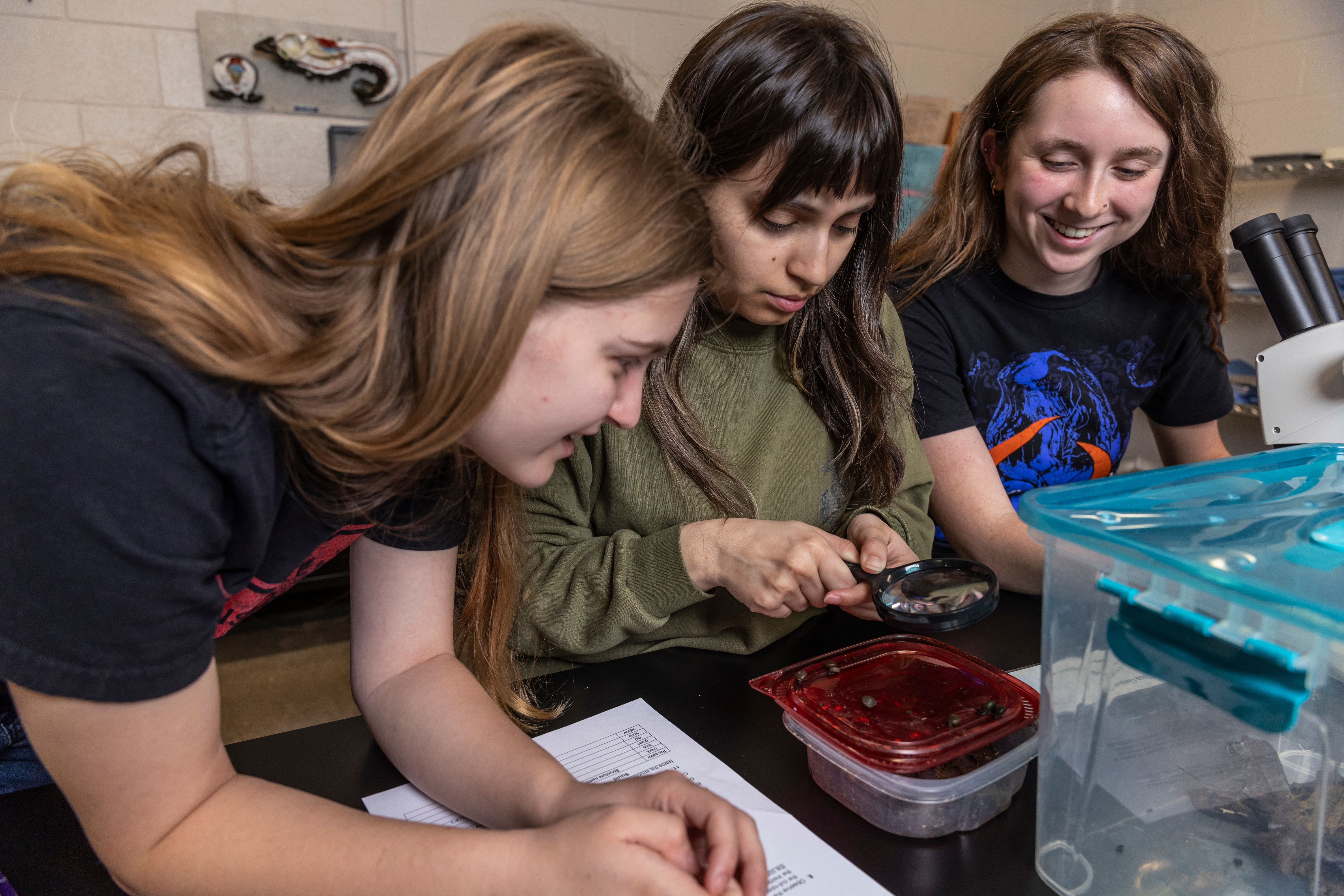 Students huddle around to look at a snail through a magnifying glass.