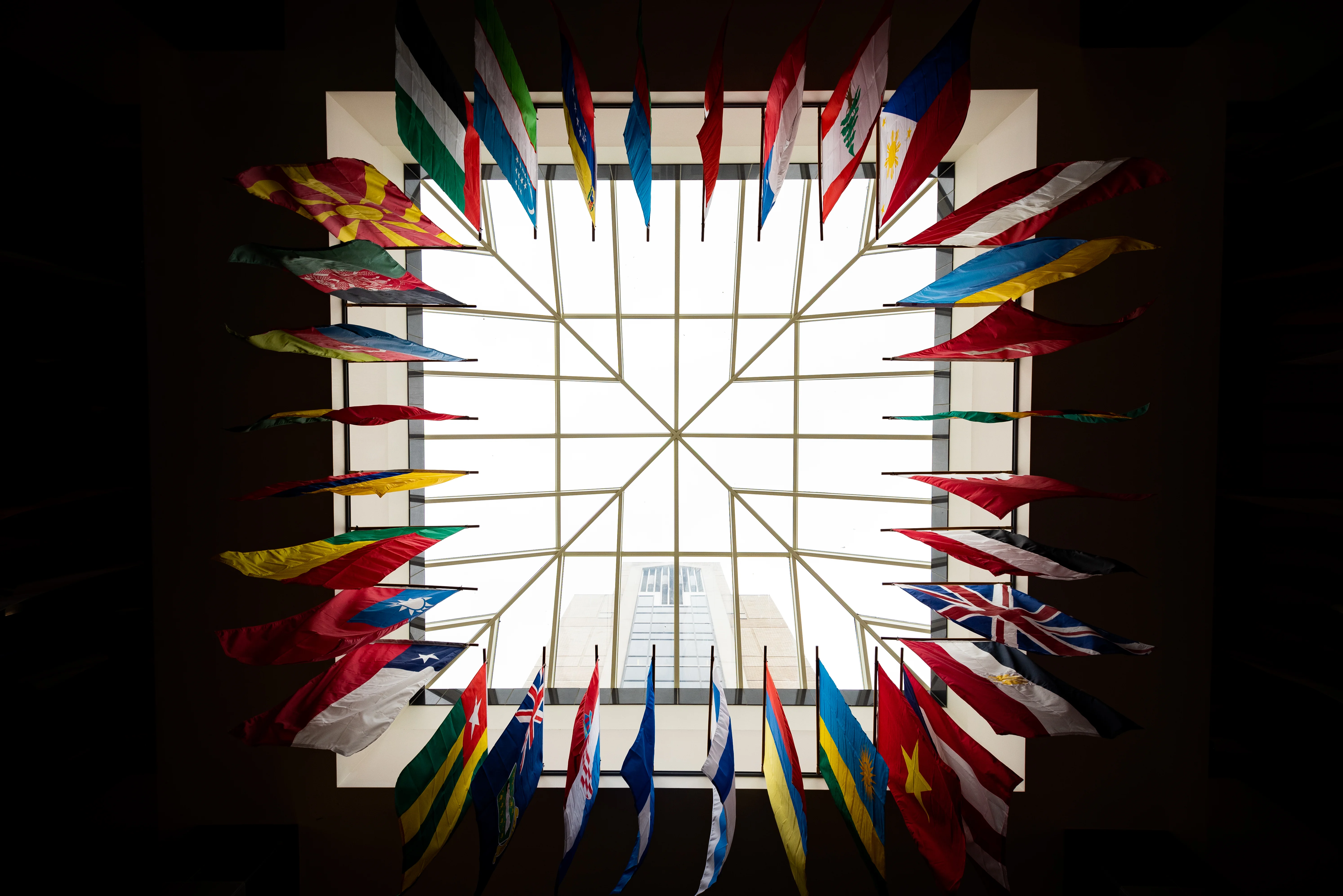 A photo of the library sunroof with the world flags lining the edges.