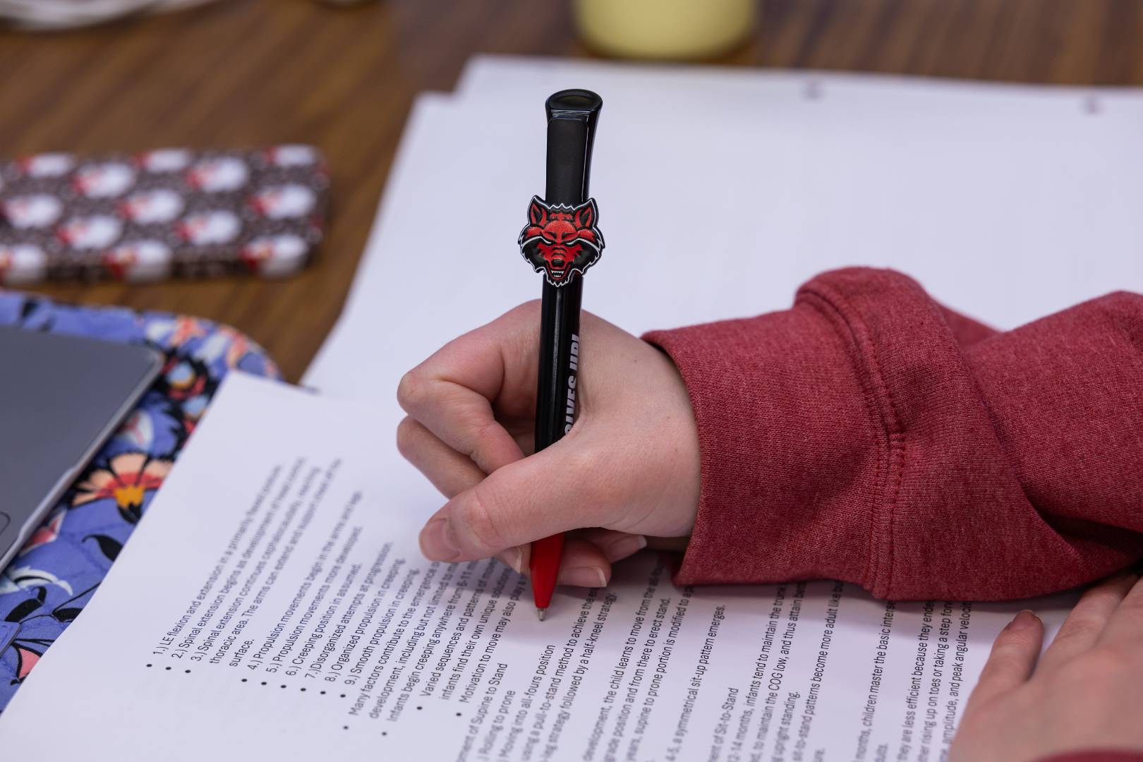 A close-up of someone writing with a pen that has the Red Wolf mascot on it.