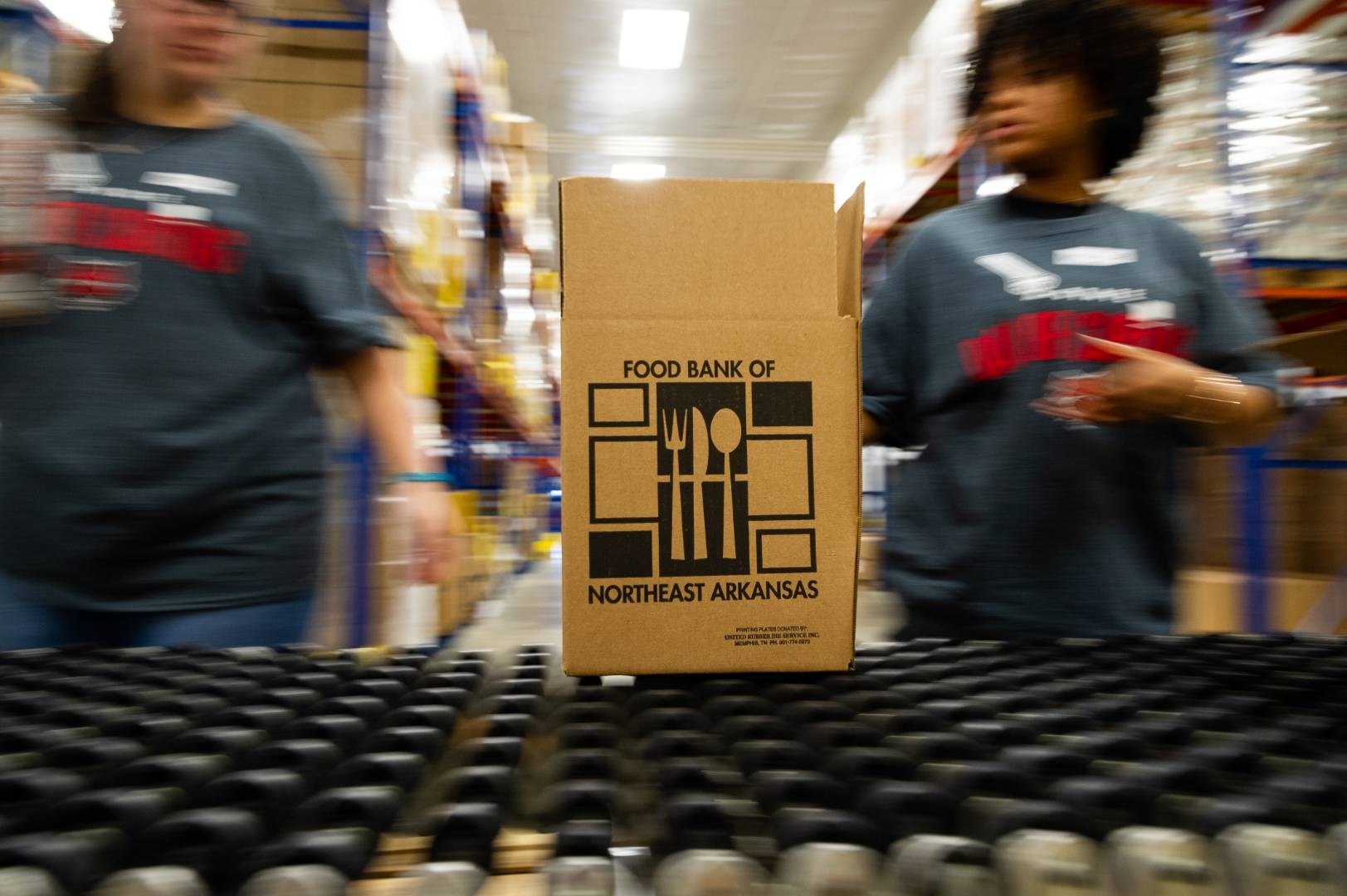 A photo of two volunteering students with a Food Bank of Northeast Arkansas box between them.