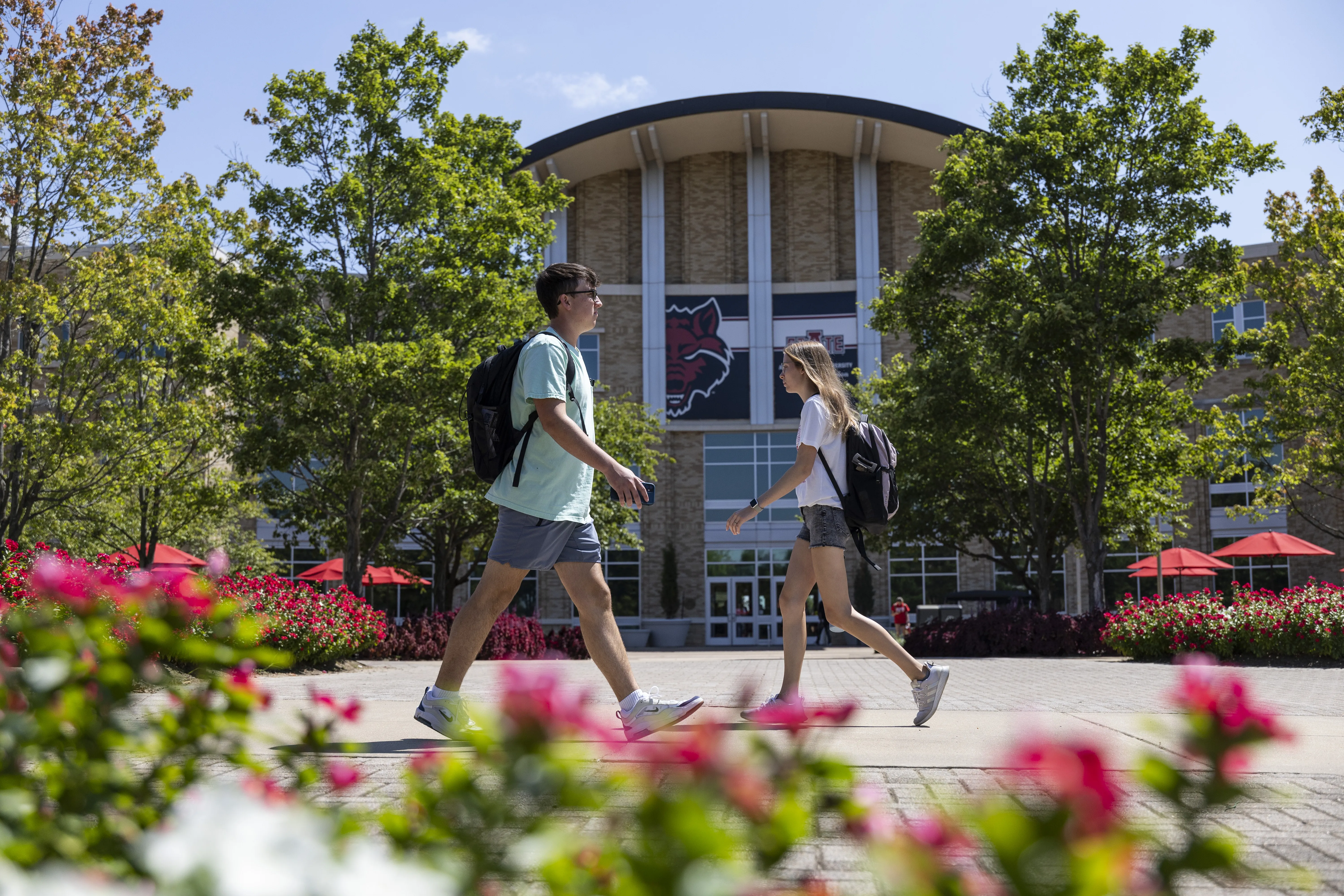 Students walking in front of the Student Union.