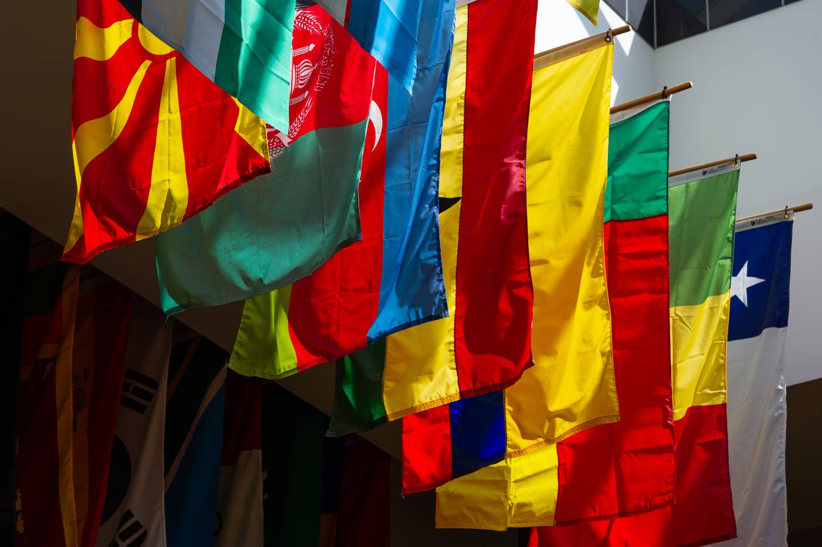 Photo of a row of different world flags.
