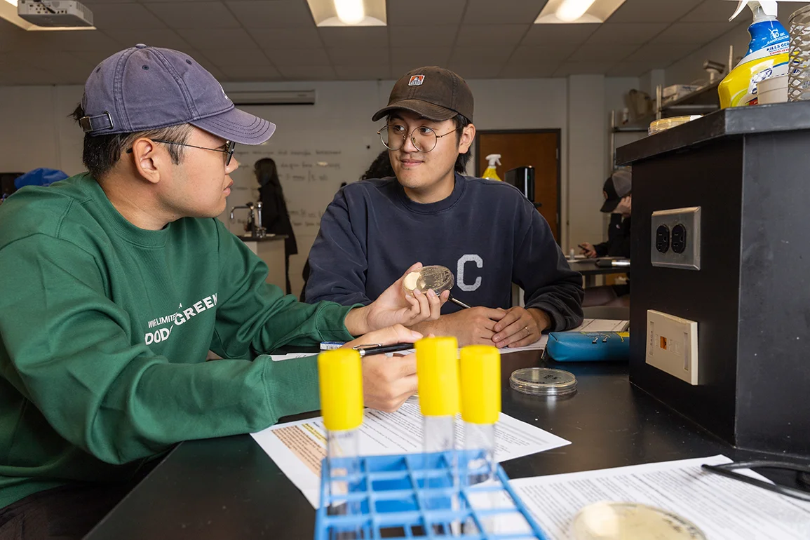 Two students discussing a petri dish.