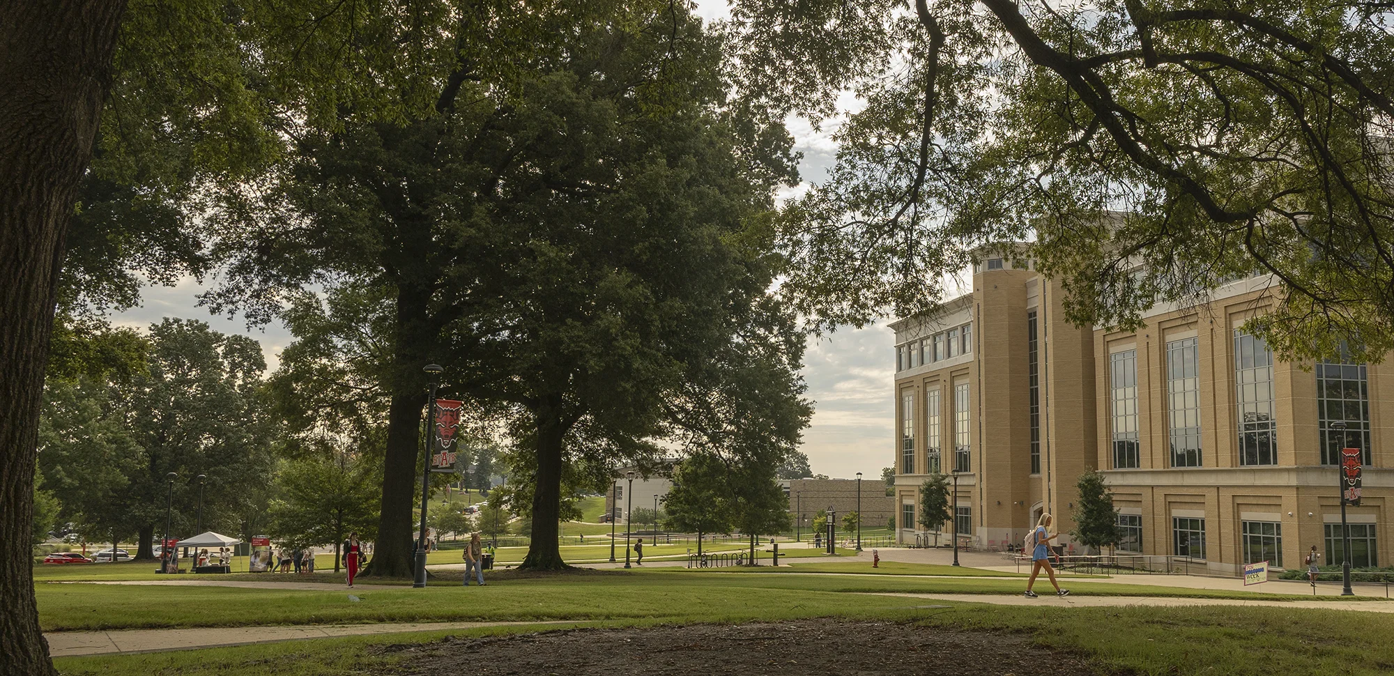 Wide-angle photo of the lawn in front of the HSS building.