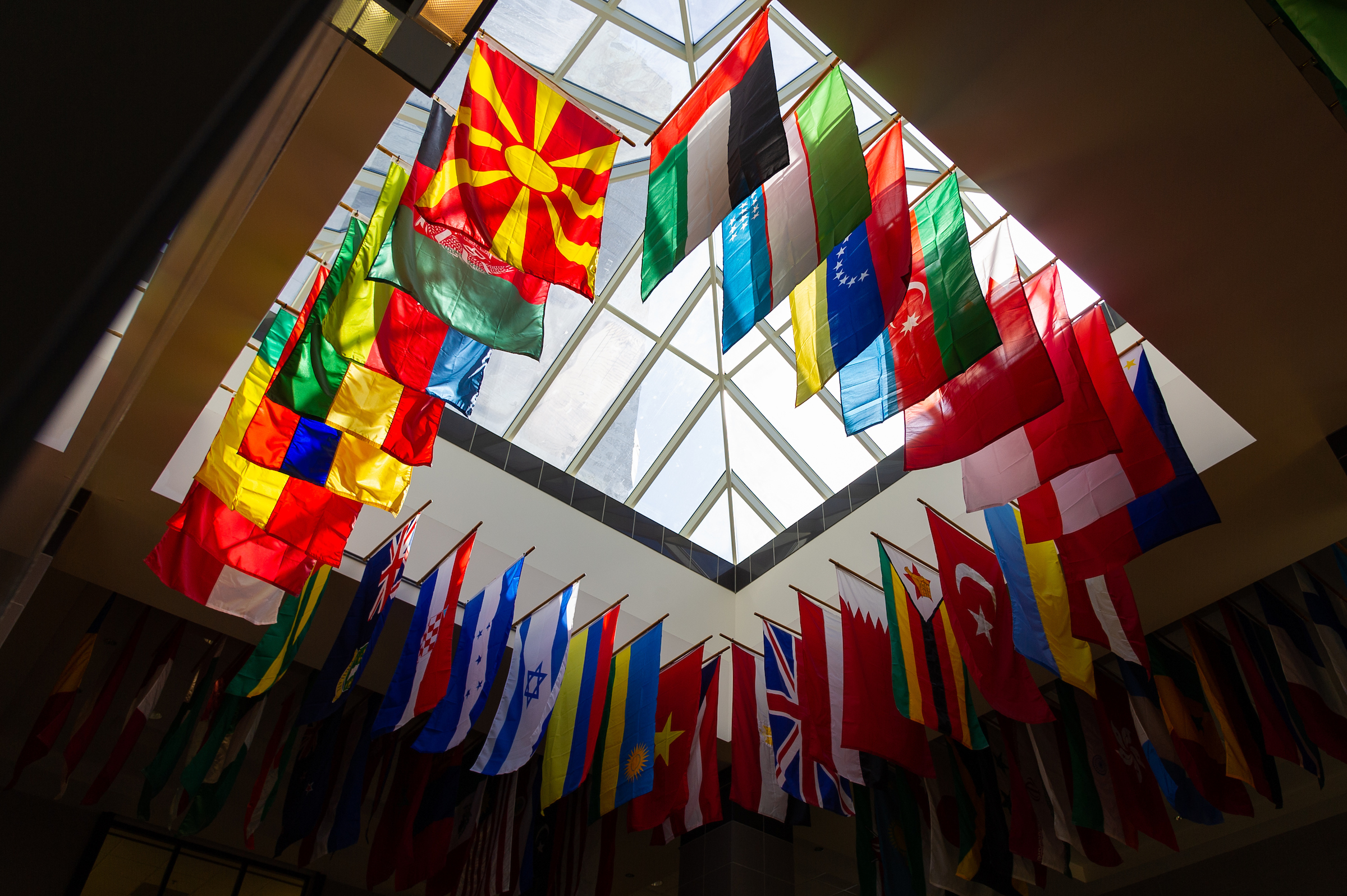 International flags displayed on the ceiling of Dean B. Ellis Library