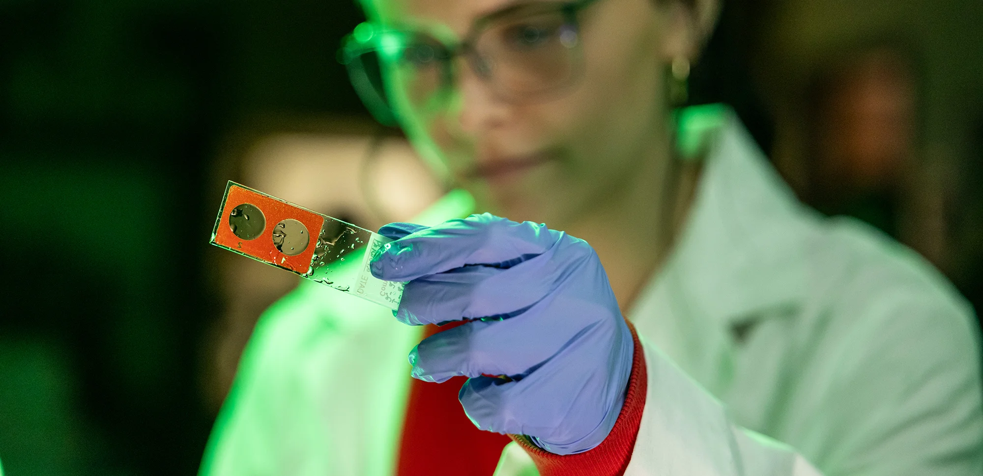 A student inspecting a microscope slide.
