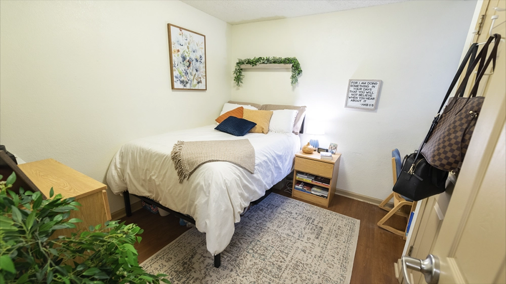 A cozy bedroom with a white bedspread, decorative pillows, a beige throw blanket, and a small wooden nightstand with a lamp and books. Wall art and greenery add a touch of decor.