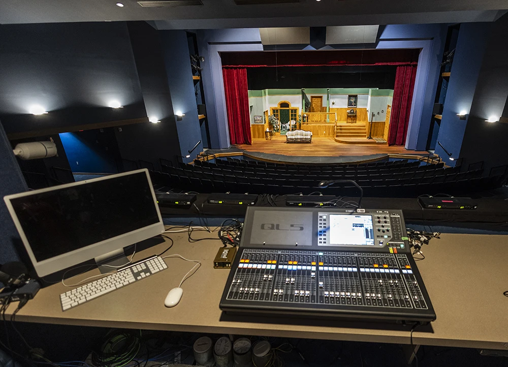 Drama Theatre control room looking out at the stage.