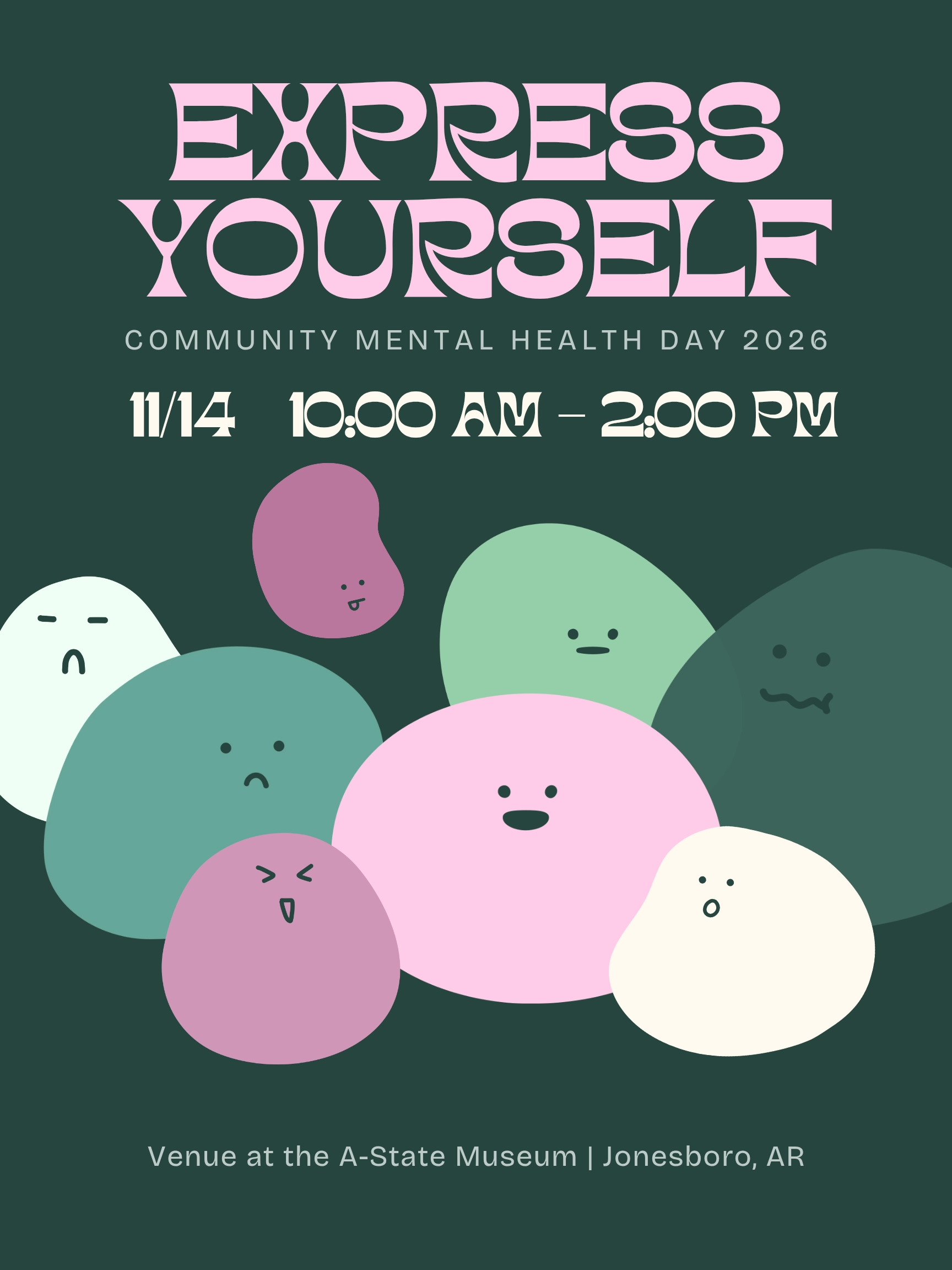 Express Yourself flyers with blobs with cute faces.