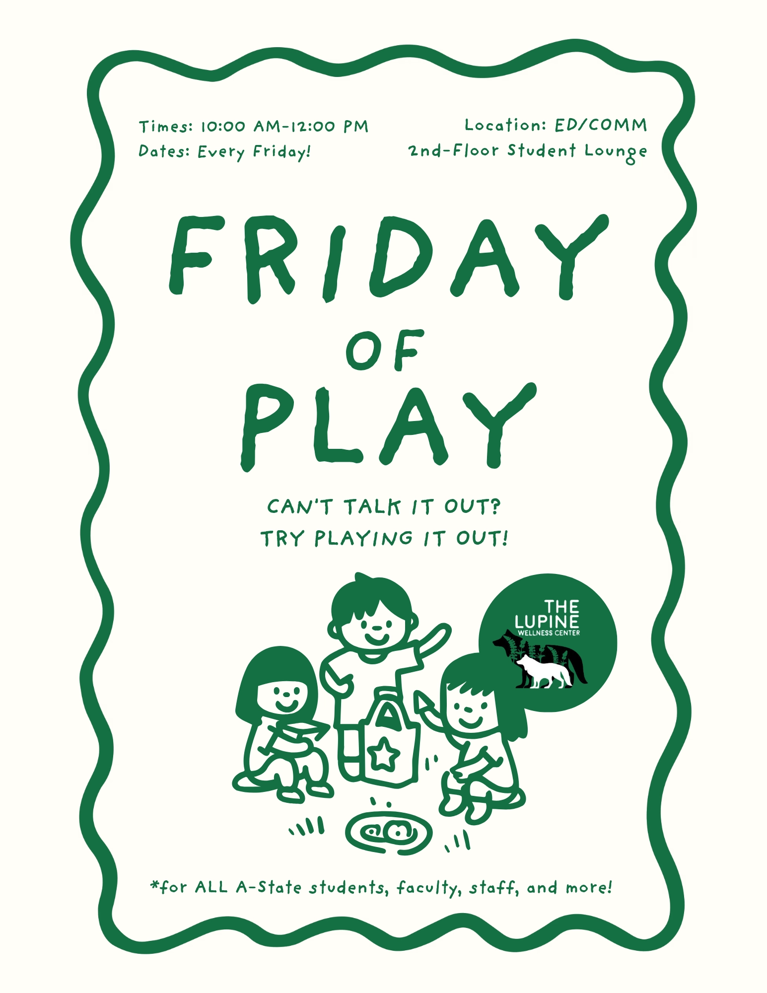 Friday of Play event flyer with illustrations of children playing.