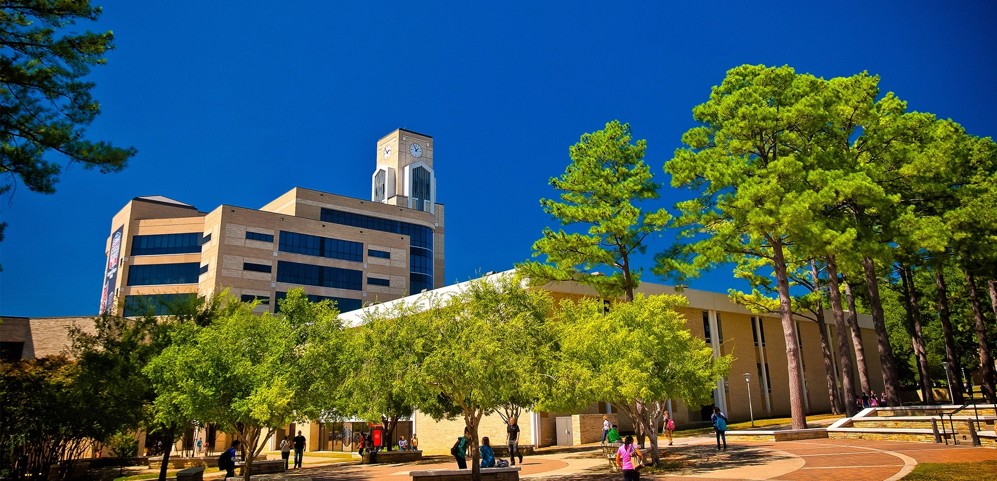 Students walk through a sunlit courtyard surrounded by tall pine trees and campus buildings at Arkansas State University in Jonesboro, Arkansas. The photo features the iconic clock tower rising above the Dean B. Ellis Library against a clear, deep blue sky.