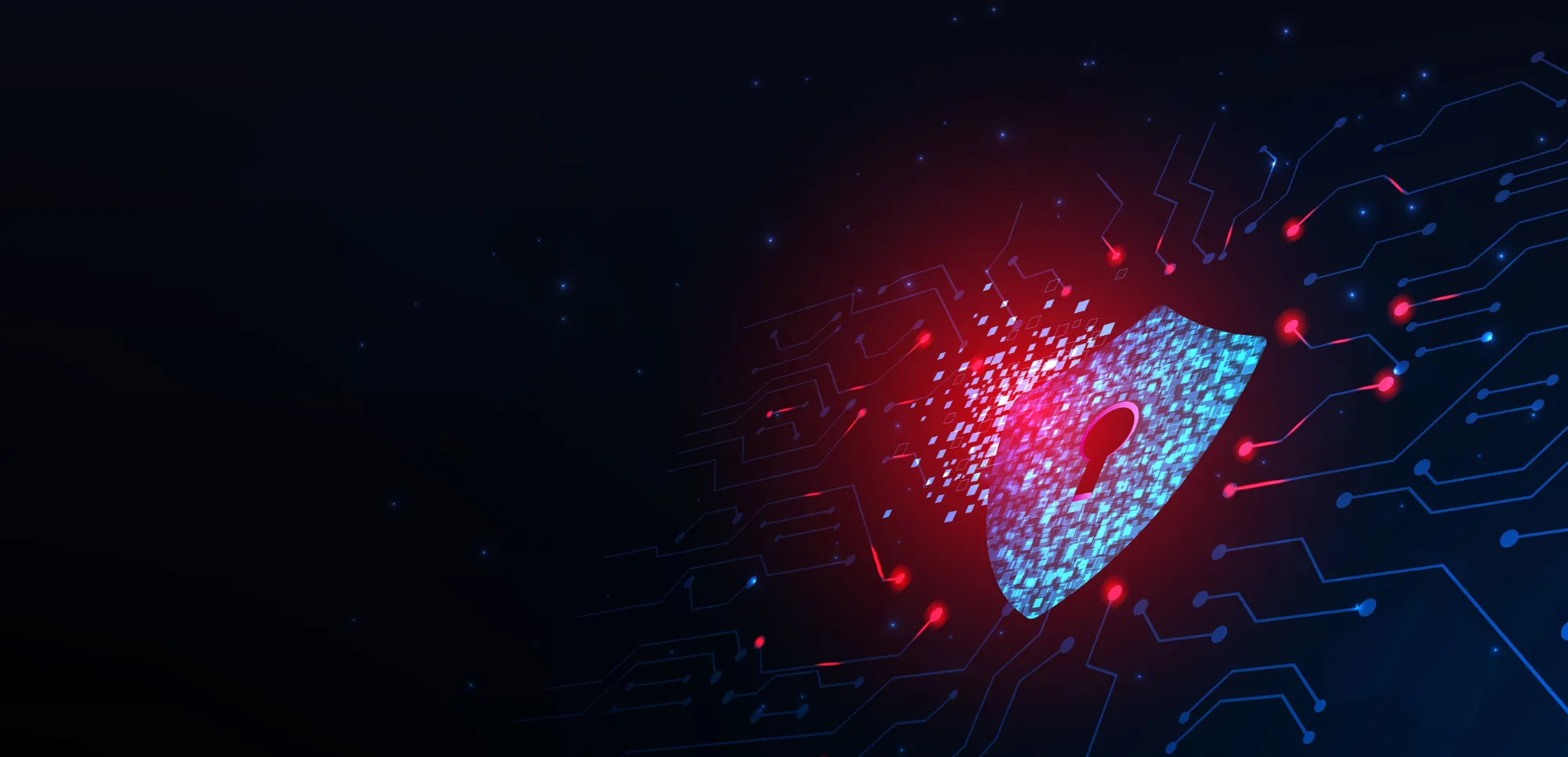 Black background fades into digital numbers and a lock graphic breaking away into digital pixels.