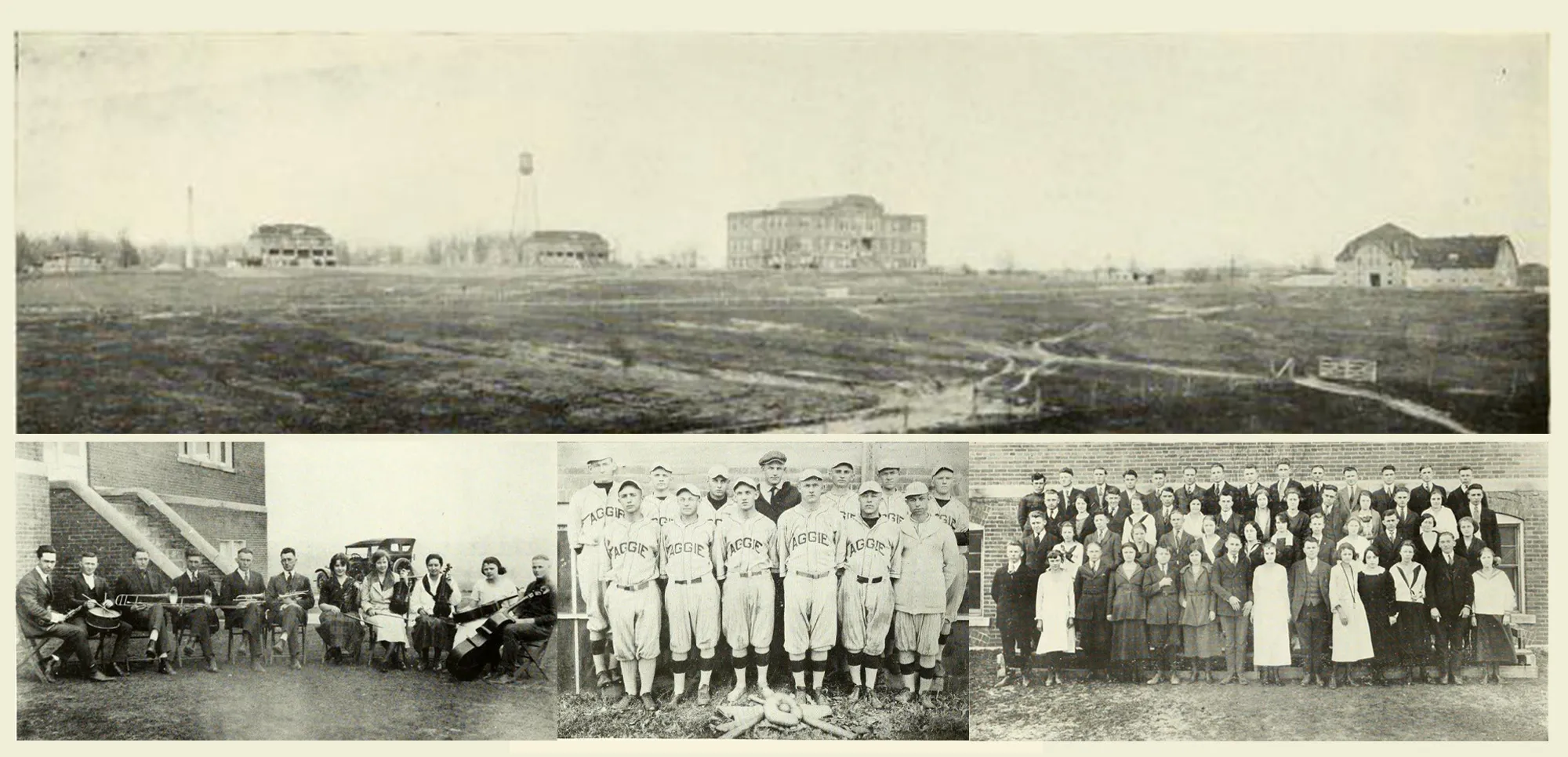 vintage collage consisting of an early view campus and various student groups