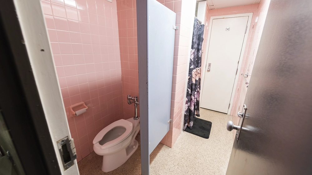 Suite-style bathroom with pink tile, toilet stall, and shower area in Kays Hall.