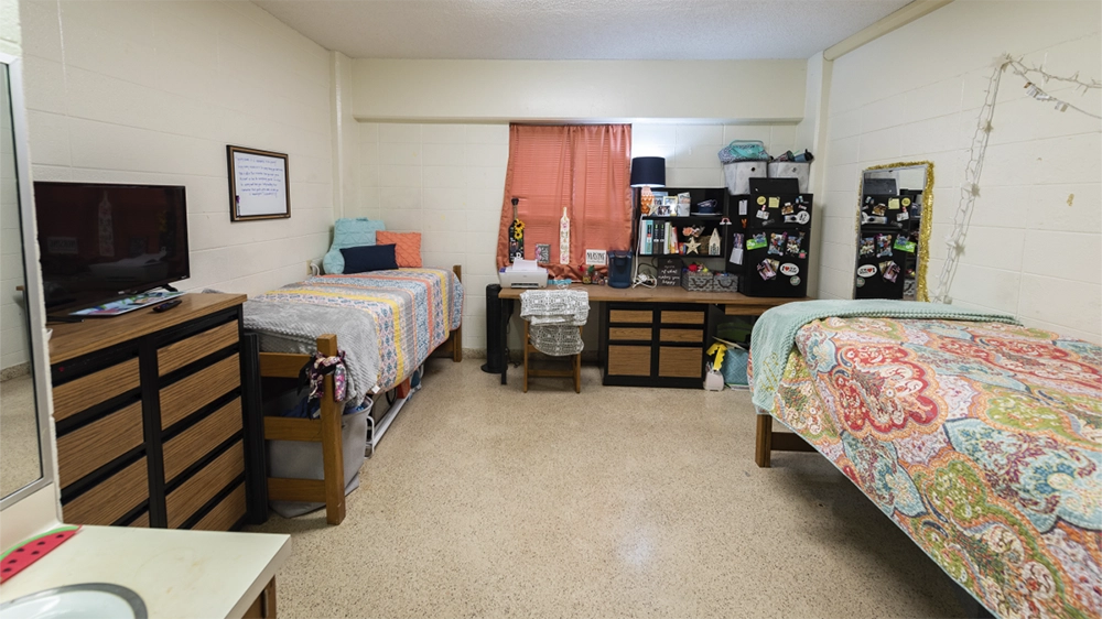 Double bedroom with two beds, dressers, and shared desk in Kays Hall.