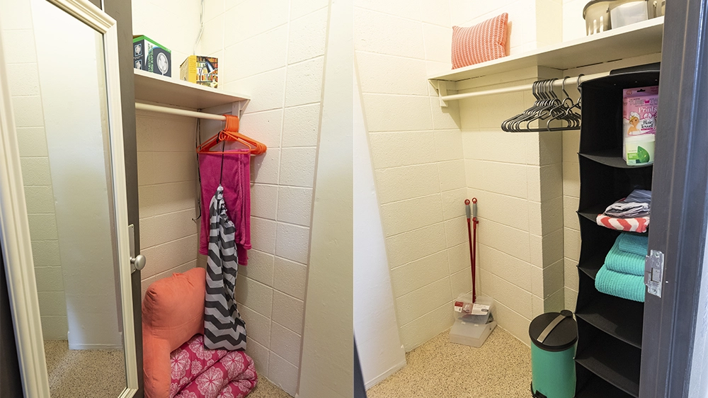 Left and Right sides of Walk-in closet with shelves, hanging rod, and mirror in Kays Hall suite.