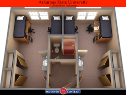 3D rendering of a two-bedroom suite with two beds per room, desks, and dressers, connected by a central bathroom with toilet and shower.