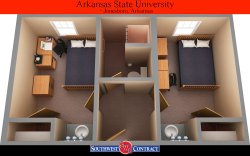 3D rendering of a two-bedroom suite with single beds, desks, and dressers in each room, connected by a central bathroom with toilet and shower.