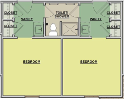 Two-bedroom suite floor plan with shared bathroom in the center, including toilet and shower, two vanities, and closets on each side.