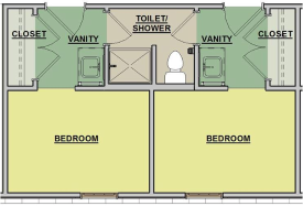 Two single-bedroom suite floor plan with shared bathroom in the center, featuring toilet and shower, two vanities, and closets for each room.