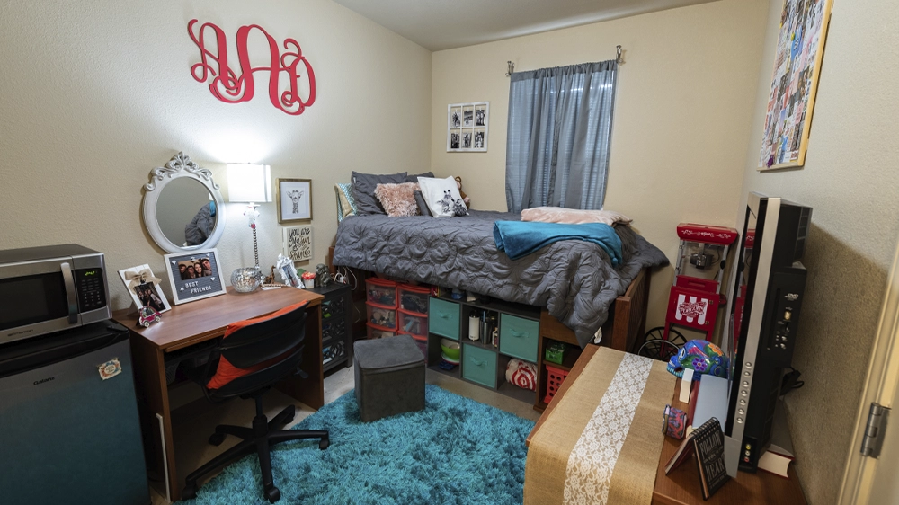 Bedroom with twin bed, gray bedding, desk with chair, and decorative wall art.