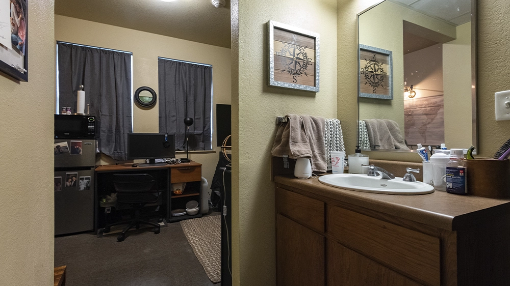 View from bathroom into bedroom with desk and computer setup.