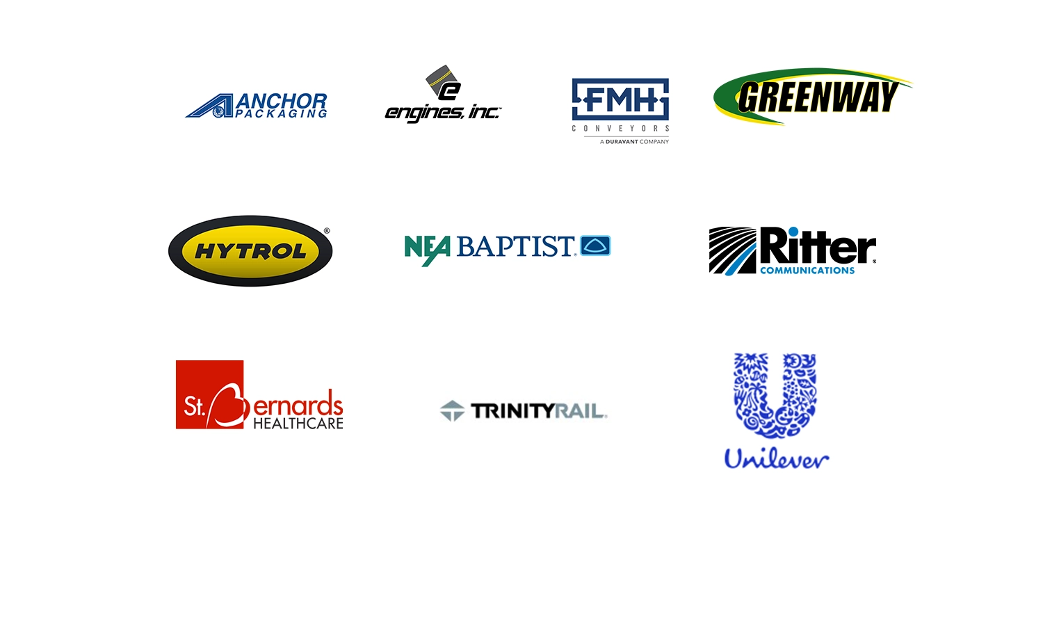 “Collection of employer logos including Anchor Packaging, Engines, Inc., FMH Conveyors, Greenway, Hytrol, NEA Baptist, Ritter Communications, St. Bernards Healthcare, TrinityRail, and Unilever, displayed on a white background.”