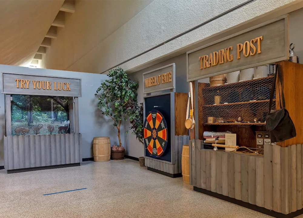 interactive games "try your luck", "wheel o'fate", and "Trading Post"