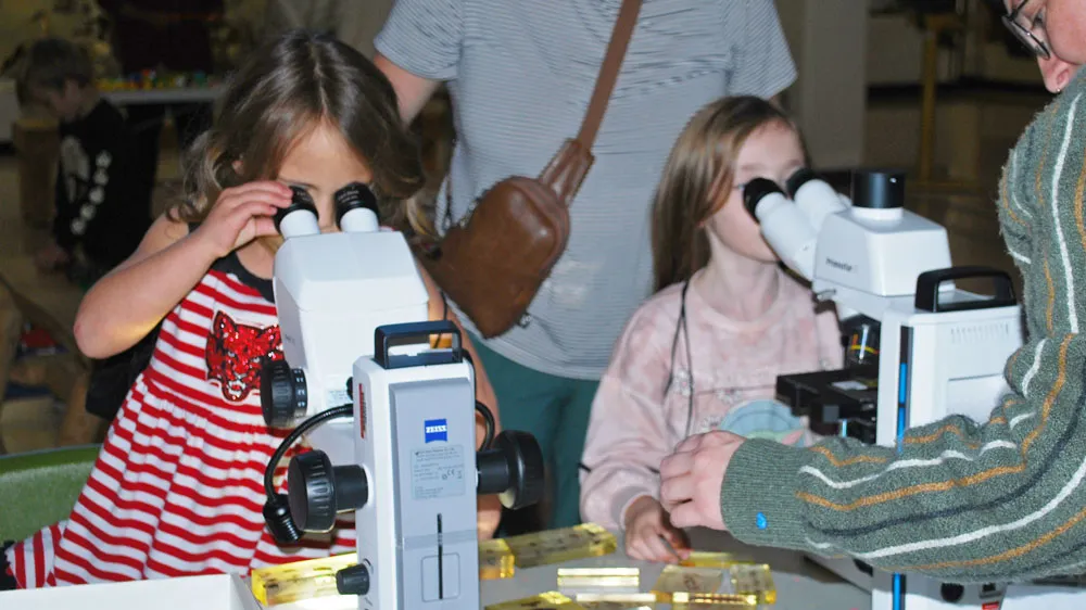 little girls looking into microscopes with adults looking on