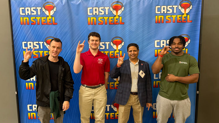The Red Wolf Steel team with Dr. Sharma at the Cast-in-Steel Competition. From left to right: Andrew (Bo) Grace, Caden Grimmett, Dr. Rajesh Sharma and Channing Woodson. Not pictured: Ethan Altenbaumer and Sam Morris.