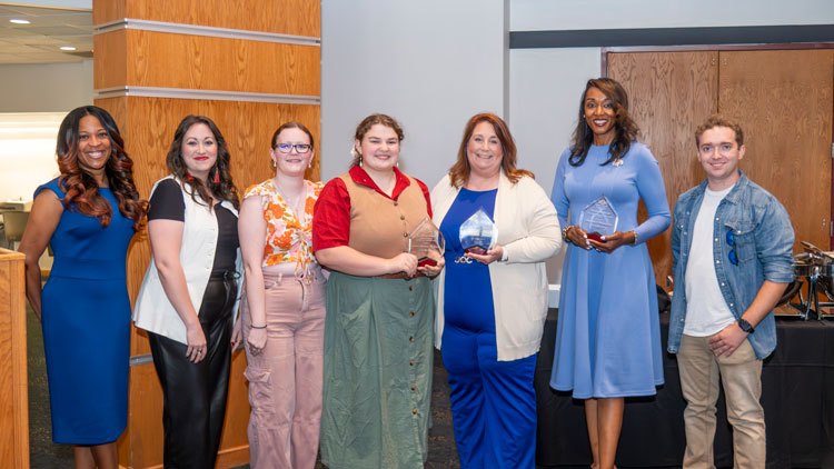 Stacy Goodwin Lightfoot, Dr. Allegra Fisher, Jordyn Smith, Teagan Stewart, Dr. Kristen Johnson, Shunqetta N. Cunningham and Charles Lutz.     Smith, Stewart and Lutz are Howlers Pep Band members.