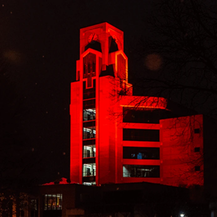 Library Tower lighted scarlet