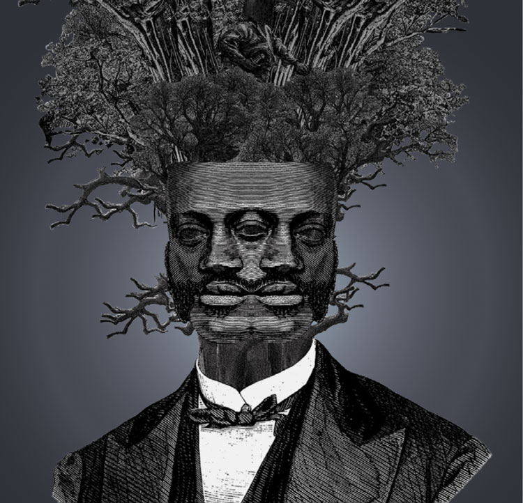 artwork done in black, white and greyscale of a man in a suit jacket