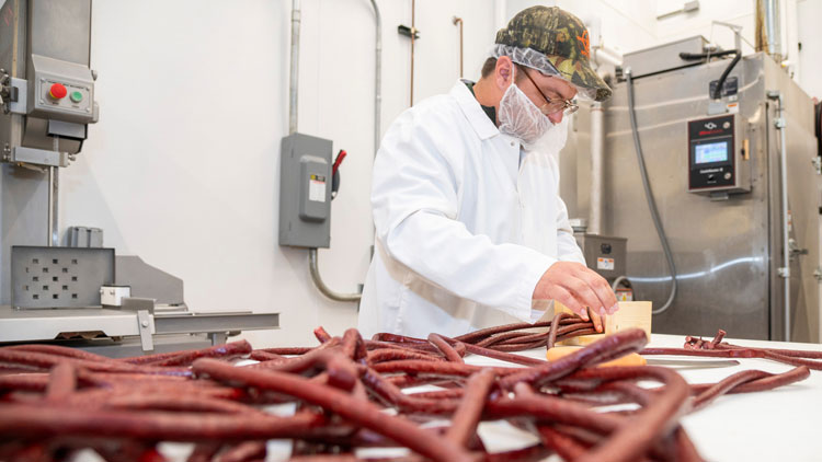 Man works in meat lab.