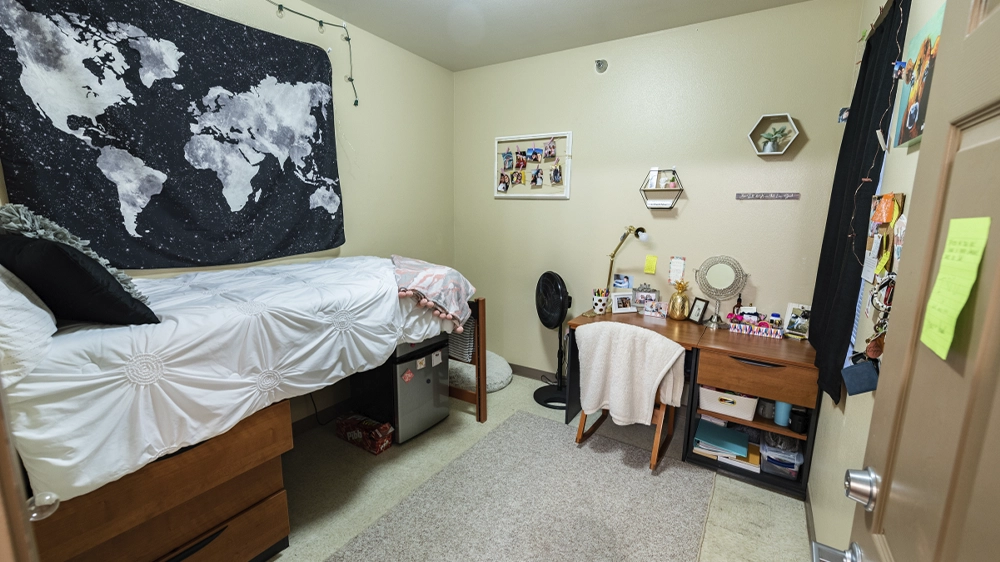 Private bedroom with lofted bed, desk, and decorative wall art.