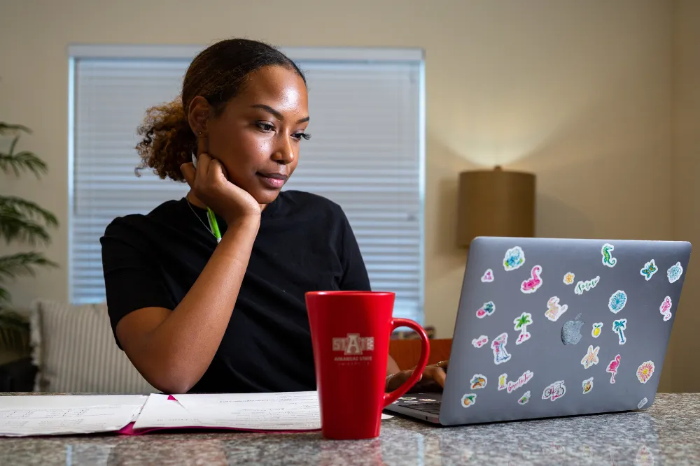 Student sits at her desk working on the computer.