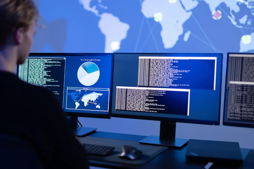 Cybersecurity professional looking at 3 screens with data assessment.