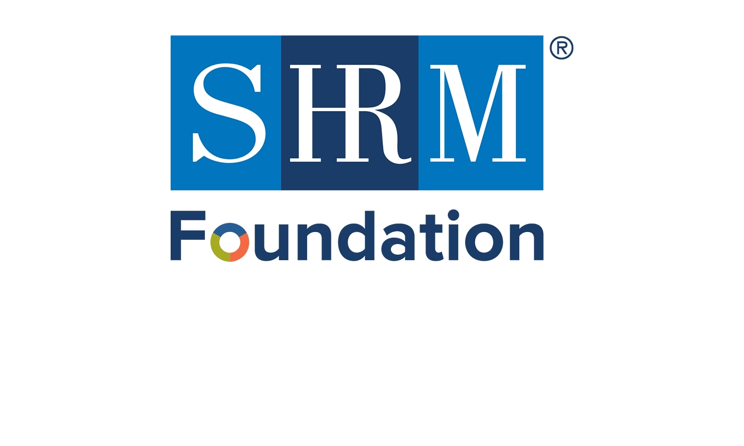 “SHRM Foundation logo with white ‘SHRM’ lettering set inside three blue rectangular blocks above the word ‘Foundation,’ including a multicolored circular accent within the letter ‘o.’”