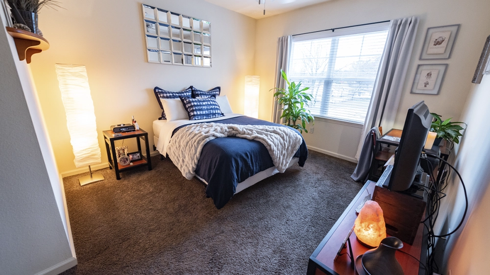 Bedroom with full-size bed, patterned bedding, carpeted floor, large window with curtains, and decorative wall art.