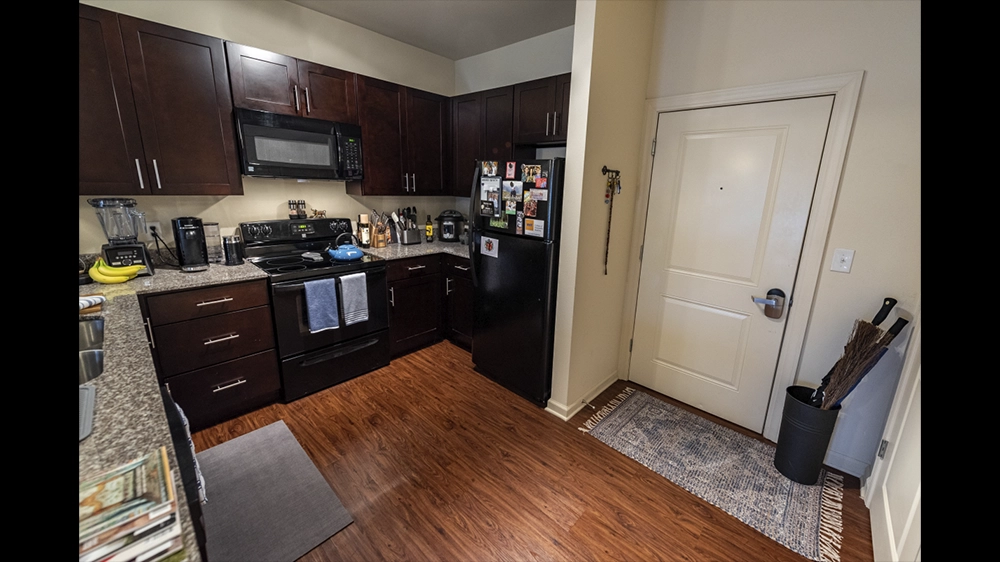 Kitchen with dark wood cabinets and black appliances adjacent to entryway with white door and decorative rug.