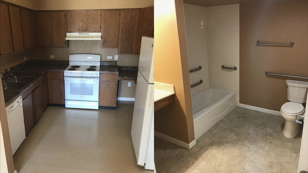 Side-by-side view of a kitchen with wooden cabinets and white appliances, and a bathroom with tub/shower combo and safety rails.