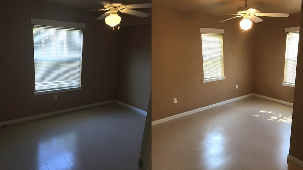 Two views of empty bedrooms with tan walls, ceiling fans, and windows with blinds.