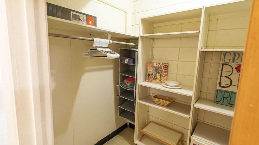 Closet featuring hanging rod, fabric organizer, and shelves for storage.