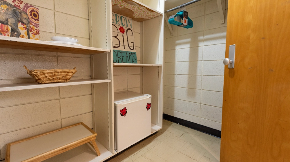 Closet with built-in shelves, hanging rod, and a mini fridge. Decorative items and storage baskets are placed on the shelves.