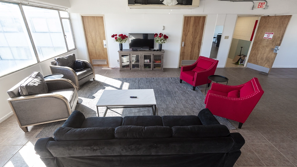 Floor lounge with natural light, gray and black sofas, two red armchairs, a TV on a stand, and decorative flowers on top.